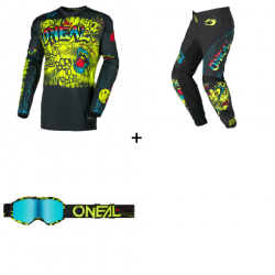 Комплект детска мотокрос блуза O'NEAL ELEMENT RANCID BLACK/NEON YELLOW V.26 - 3 части