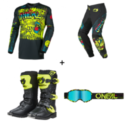 Комплект детска мотокрос блуза O'NEAL ELEMENT RANCID BLACK/NEON YELLOW V.26 - 4 части